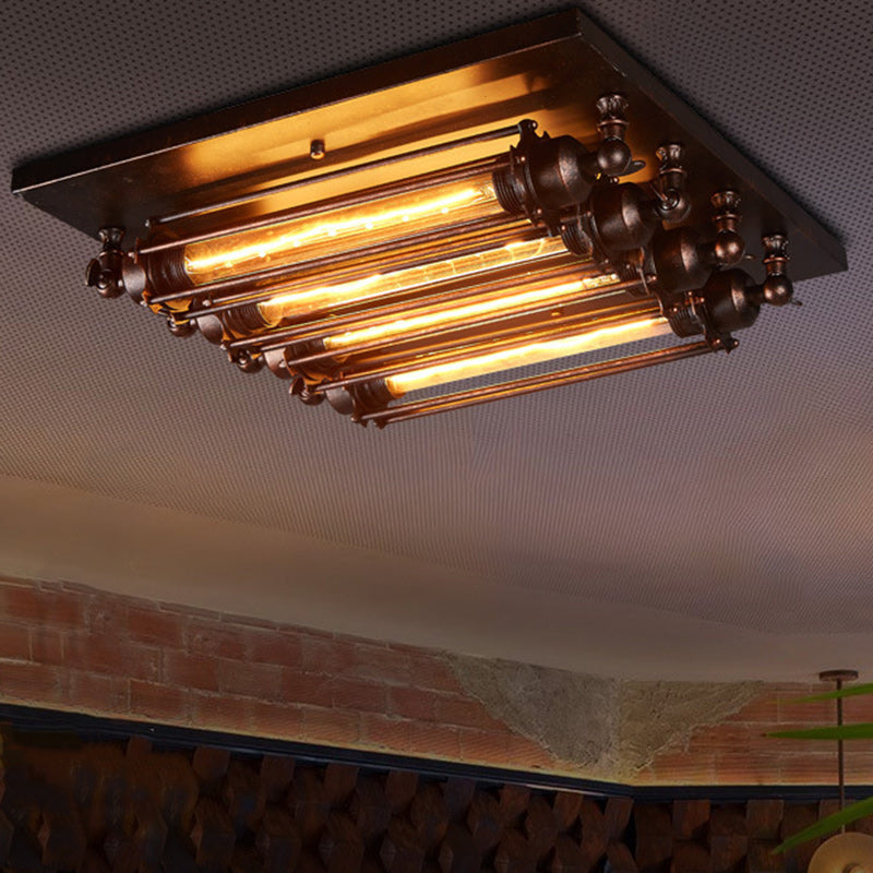Contemporary Industrial Square Iron Glass 4-Light Semi-Flush Mount Ceiling Light For Bedroom