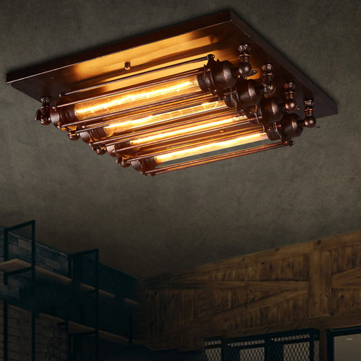 Plafonnier semi-encastré contemporain carré en fer et verre à 4 lumières pour chambre 
