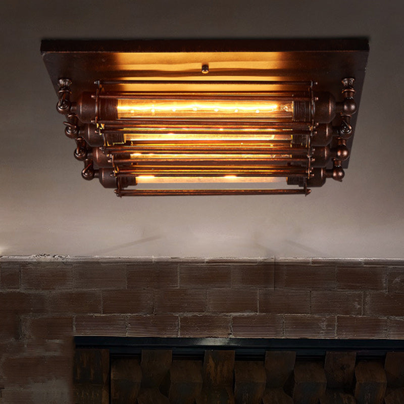 Contemporary Industrial Square Iron Glass 4-Light Semi-Flush Mount Ceiling Light For Bedroom