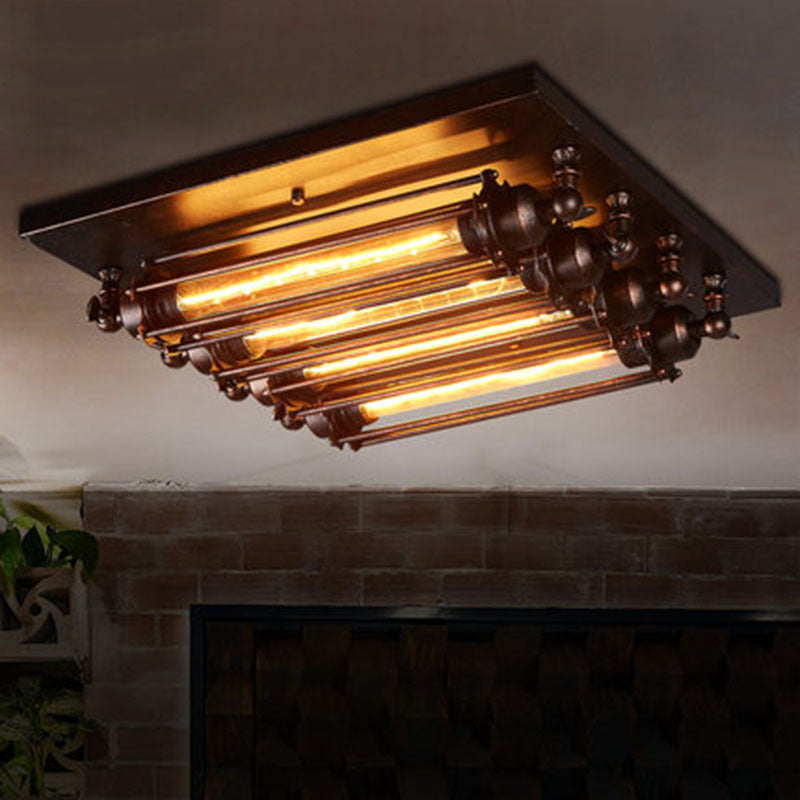 Plafonnier semi-encastré contemporain carré en fer et verre à 4 lumières pour chambre 
