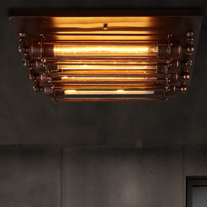 Plafonnier semi-encastré contemporain carré en fer et verre à 4 lumières pour chambre 