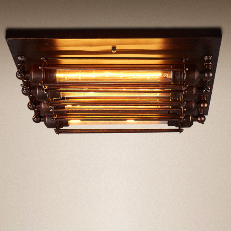 Plafonnier semi-encastré contemporain carré en fer et verre à 4 lumières pour chambre 