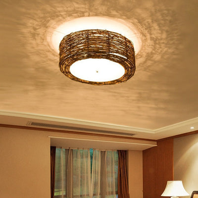 Traditional Rustic Round Rattan Acrylic 1-Light Flush Mount Ceiling Light For Bedroom
