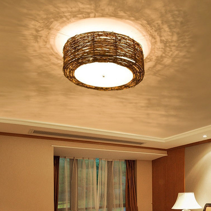 Traditional Rustic Round Rattan Acrylic 1-Light Flush Mount Ceiling Light For Bedroom