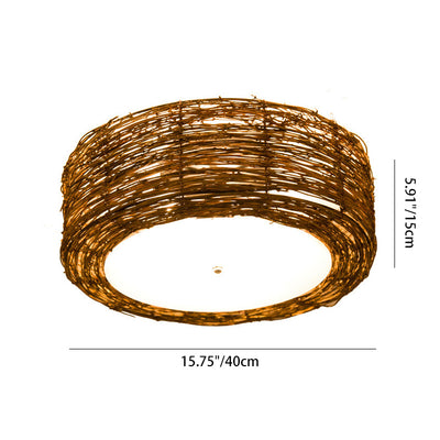 Traditional Rustic Round Rattan Acrylic 1-Light Flush Mount Ceiling Light For Bedroom