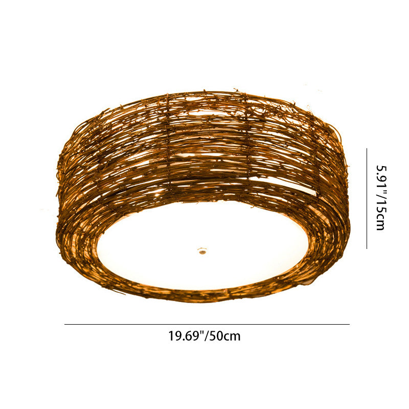 Traditional Rustic Round Rattan Acrylic 1-Light Flush Mount Ceiling Light For Bedroom