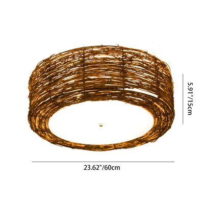 Traditional Rustic Round Rattan Acrylic 1-Light Flush Mount Ceiling Light For Bedroom