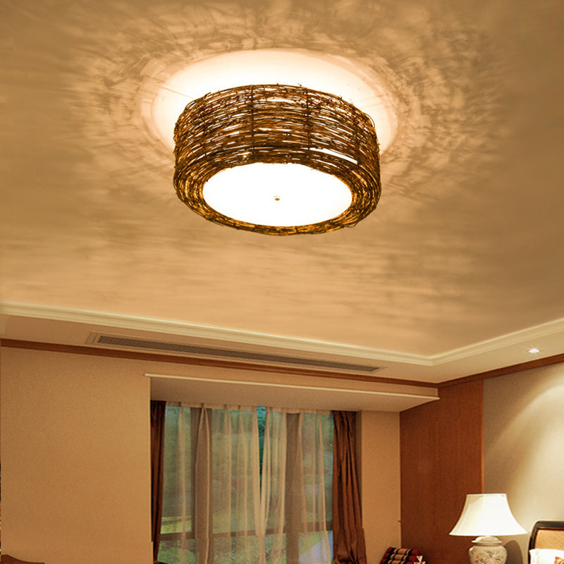 Traditional Rustic Round Rattan Acrylic 1-Light Flush Mount Ceiling Light For Bedroom