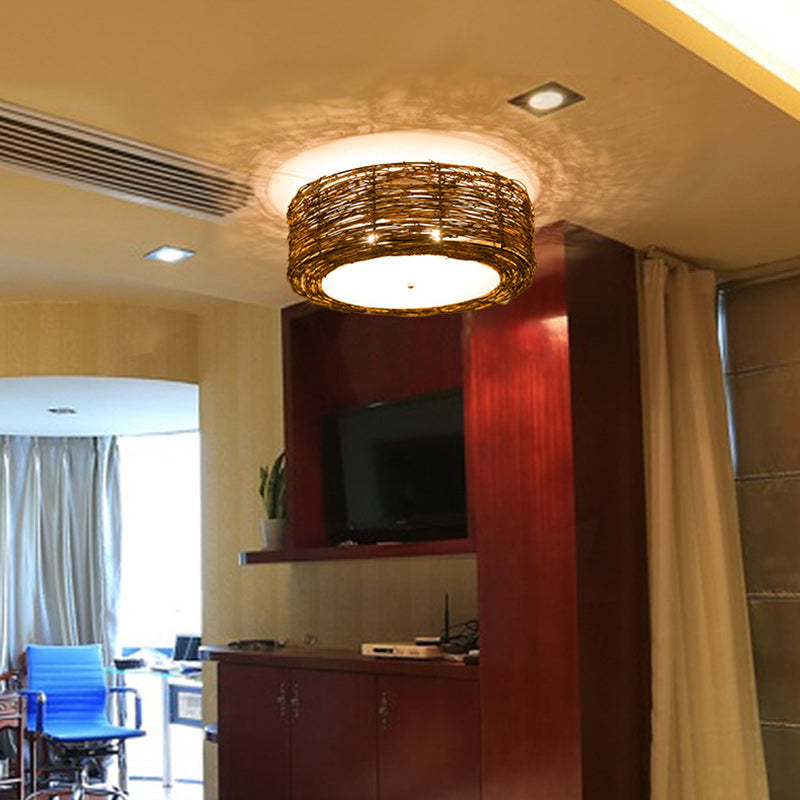 Traditional Rustic Round Rattan Acrylic 1-Light Flush Mount Ceiling Light For Bedroom