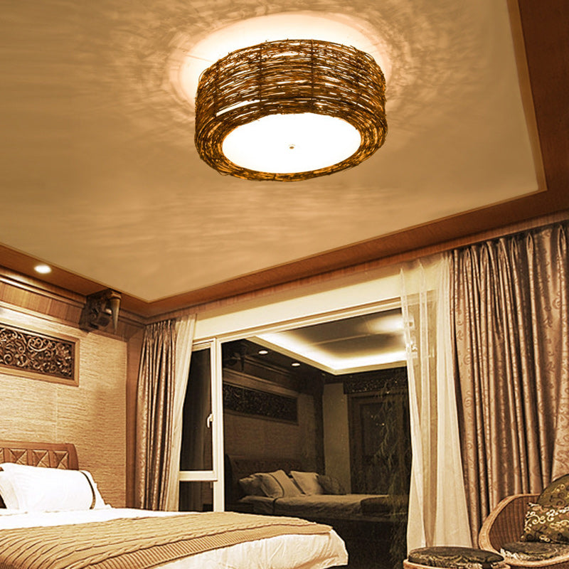 Traditional Rustic Round Rattan Acrylic 1-Light Flush Mount Ceiling Light For Bedroom