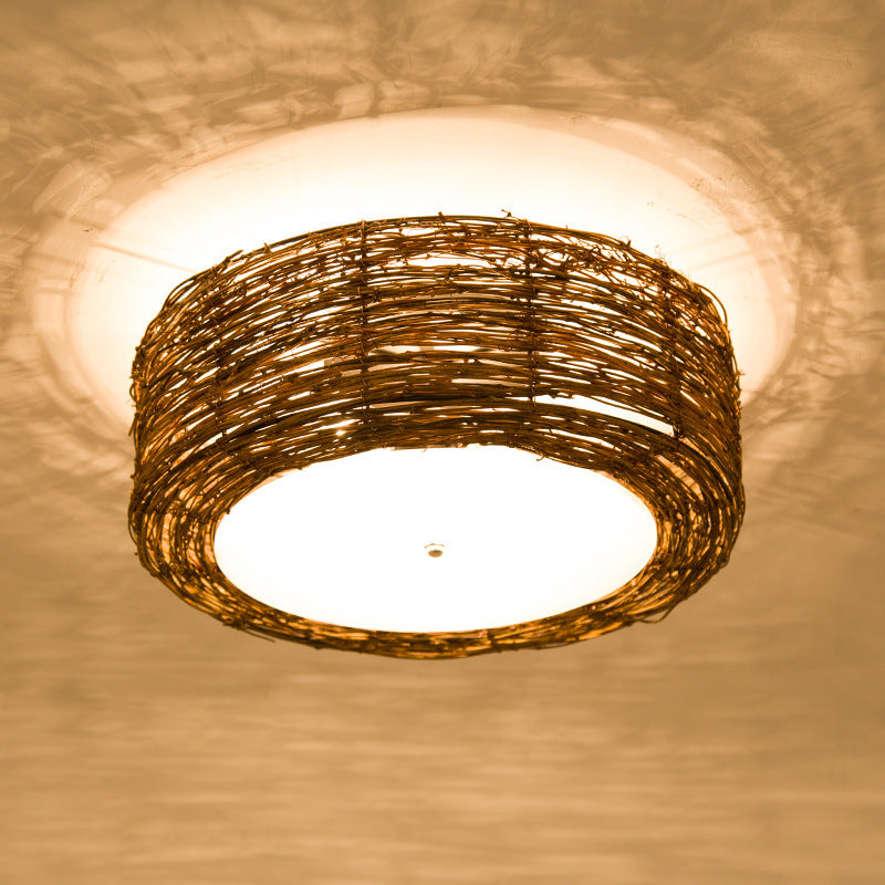 Traditional Rustic Round Rattan Acrylic 1-Light Flush Mount Ceiling Light For Bedroom