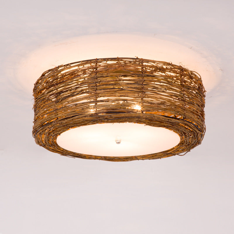 Traditional Rustic Round Rattan Acrylic 1-Light Flush Mount Ceiling Light For Bedroom