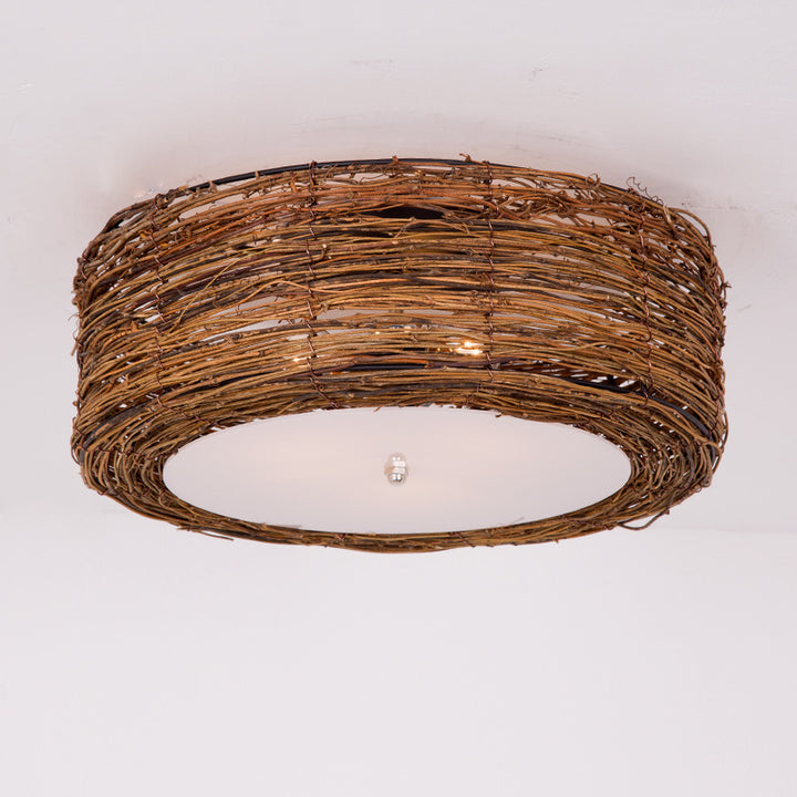 Traditional Rustic Round Rattan Acrylic 1-Light Flush Mount Ceiling Light For Bedroom