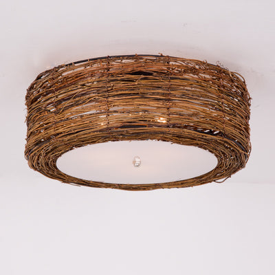 Traditional Rustic Round Rattan Acrylic 1-Light Flush Mount Ceiling Light For Bedroom