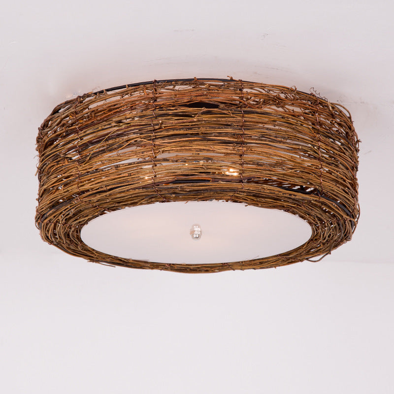 Traditional Rustic Round Rattan Acrylic 1-Light Flush Mount Ceiling Light For Bedroom