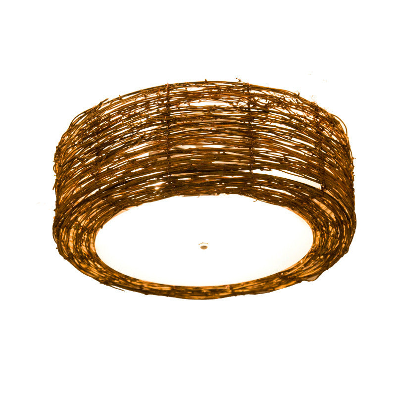 Traditional Rustic Round Rattan Acrylic 1-Light Flush Mount Ceiling Light For Bedroom