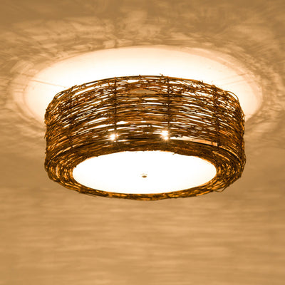 Traditional Rustic Round Rattan Acrylic 1-Light Flush Mount Ceiling Light For Bedroom