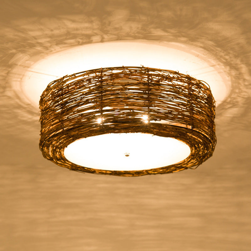 Traditional Rustic Round Rattan Acrylic 1-Light Flush Mount Ceiling Light For Bedroom