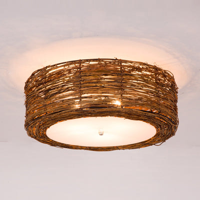 Traditional Rustic Round Rattan Acrylic 1-Light Flush Mount Ceiling Light For Bedroom