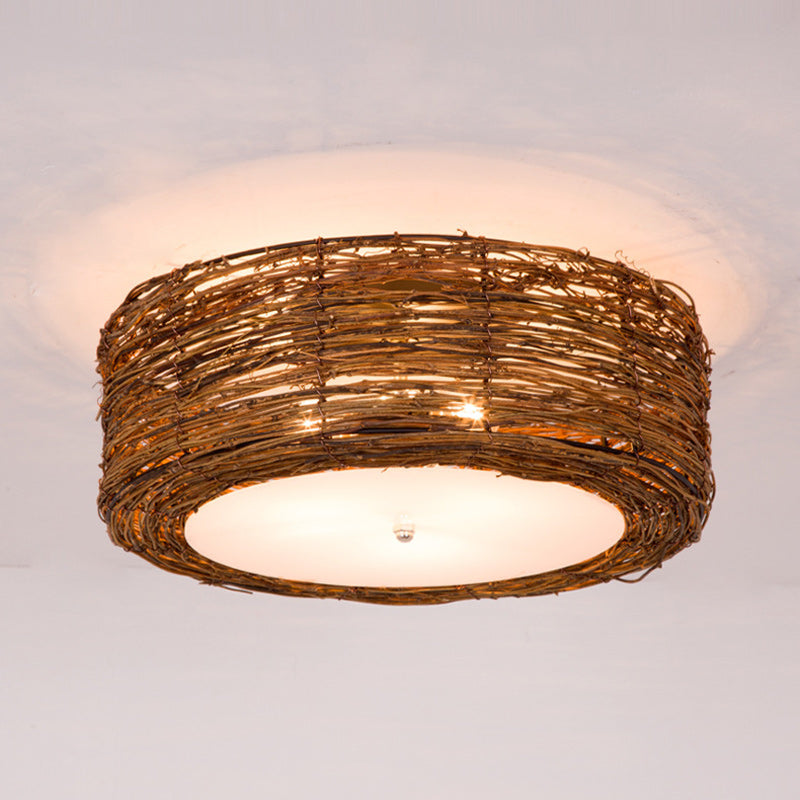Traditional Rustic Round Rattan Acrylic 1-Light Flush Mount Ceiling Light For Bedroom
