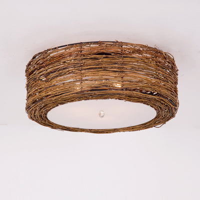 Traditional Rustic Round Rattan Acrylic 1-Light Flush Mount Ceiling Light For Bedroom