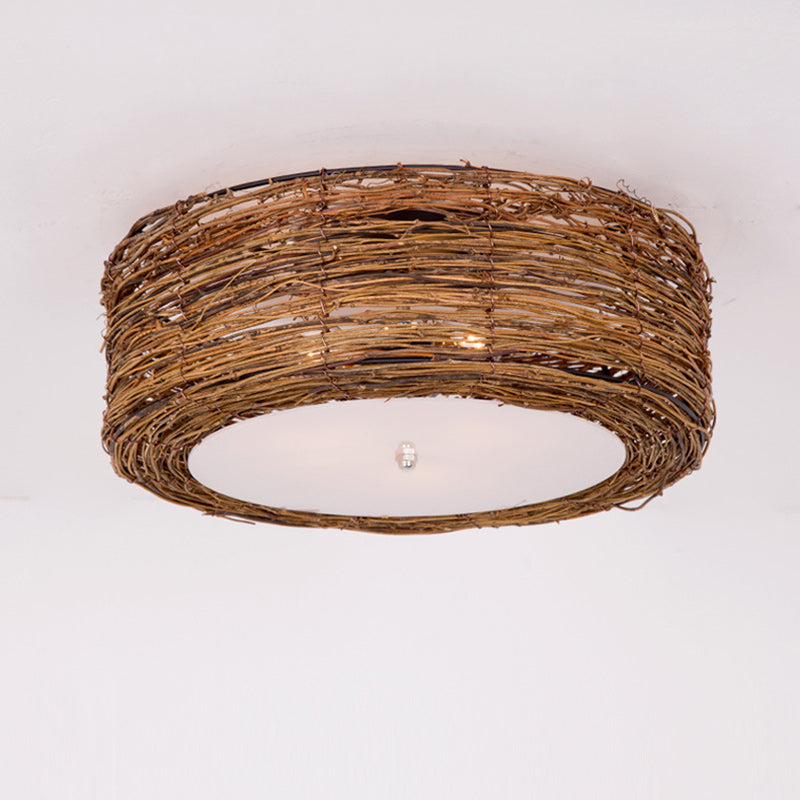 Traditional Rustic Round Rattan Acrylic 1-Light Flush Mount Ceiling Light For Bedroom