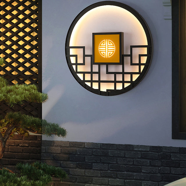 Traditional Chinese Round Stainless Steel PC LED Wall Sconce Lamp For Outdoor Patio