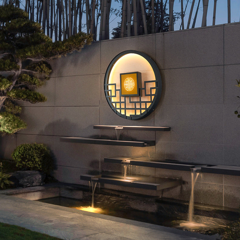 Traditional Chinese Round Stainless Steel PC LED Wall Sconce Lamp For Outdoor Patio
