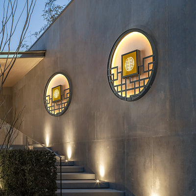Traditional Chinese Round Stainless Steel PC LED Wall Sconce Lamp For Outdoor Patio
