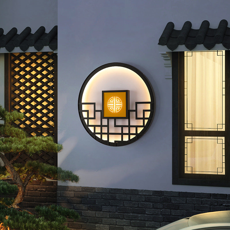Traditional Chinese Round Stainless Steel PC LED Wall Sconce Lamp For Outdoor Patio