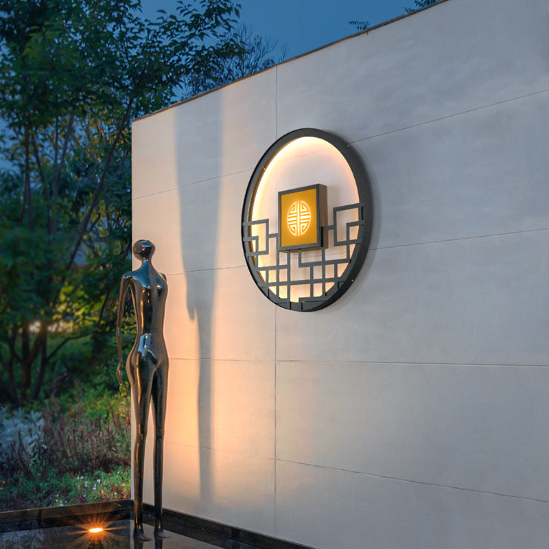 Traditional Chinese Round Stainless Steel PC LED Wall Sconce Lamp For Outdoor Patio