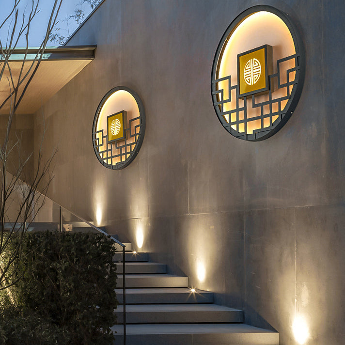 Traditional Chinese Round Stainless Steel PC LED Wall Sconce Lamp For Outdoor Patio