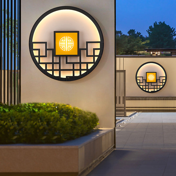Traditional Chinese Round Stainless Steel PC LED Wall Sconce Lamp For Outdoor Patio