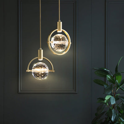 Modern Luxury Spherical Copper Crystal LED Pendant Light For Bedroom
