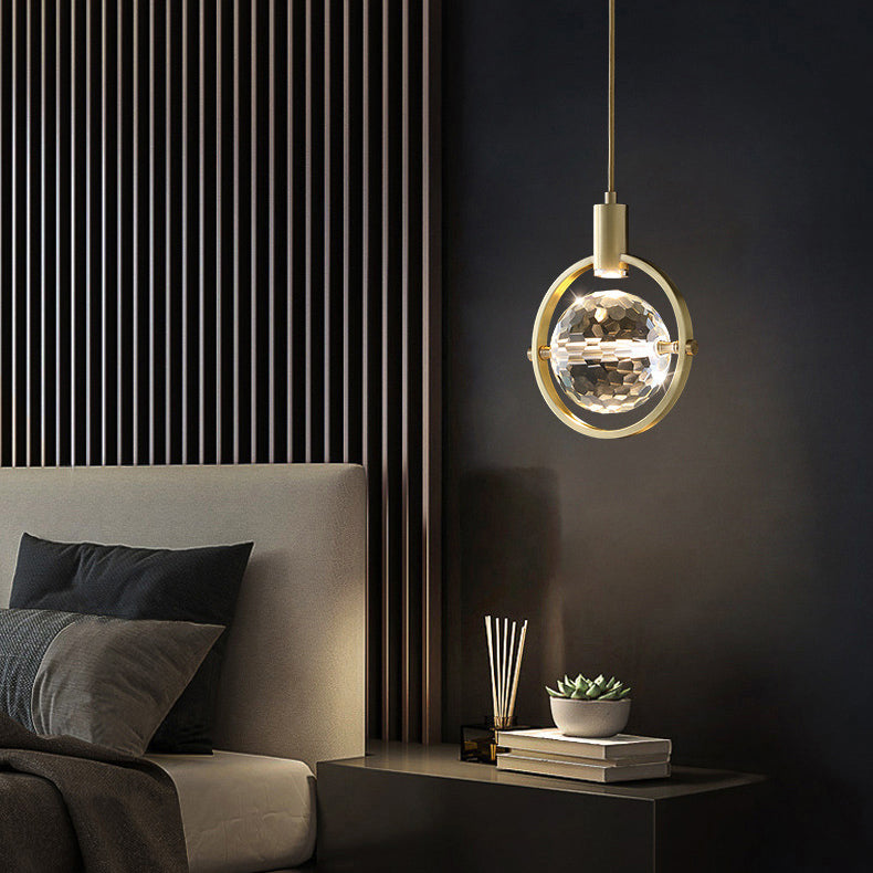 Modern Luxury Spherical Copper Crystal LED Pendant Light For Bedroom
