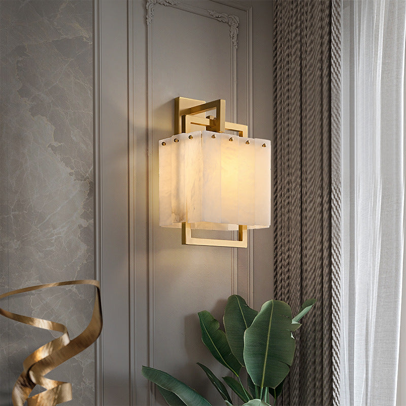 Applique murale 1 lumière en cuivre et marbre cubique moderne du milieu du siècle pour chambre à coucher 