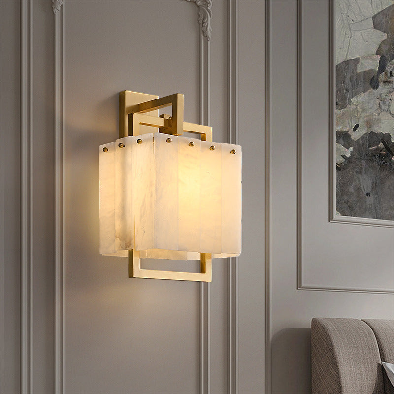 Applique murale 1 lumière en cuivre et marbre cubique moderne du milieu du siècle pour chambre à coucher 