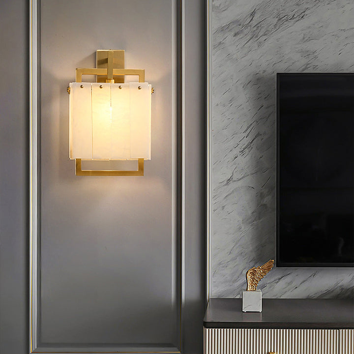 Applique murale 1 lumière en cuivre et marbre cubique moderne du milieu du siècle pour chambre à coucher 