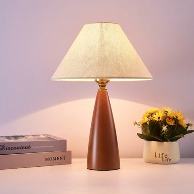 Traditional Mid-Century Cone Solid Wood Fabric 1-Light Table Lamp For Bedroom
