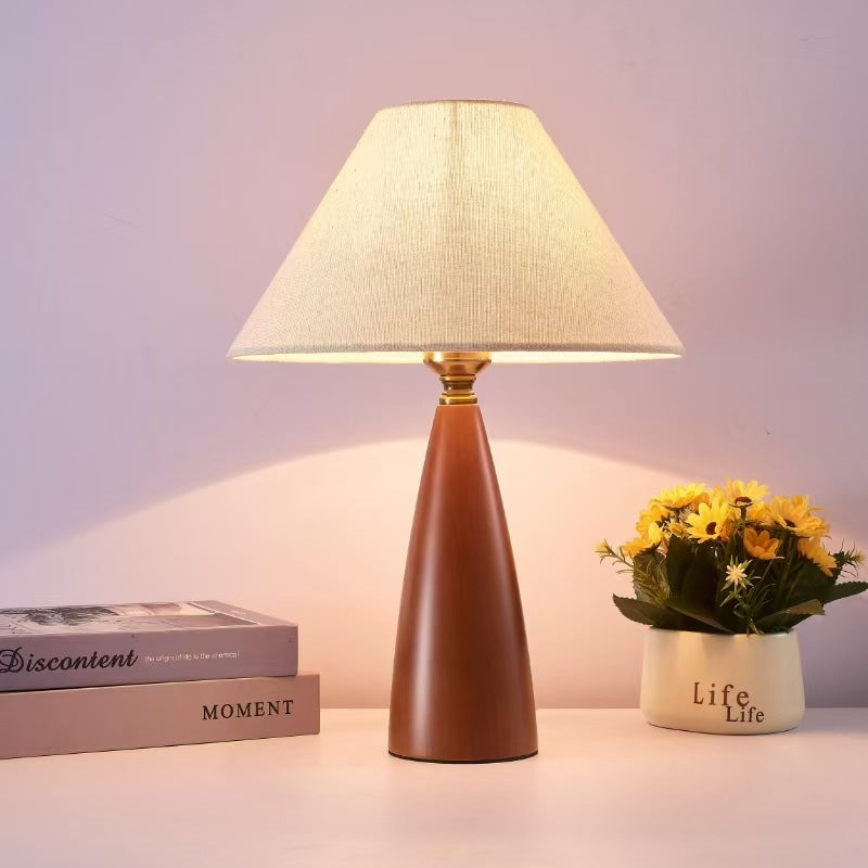 Traditional Mid-Century Cone Solid Wood Fabric 1-Light Table Lamp For Bedroom