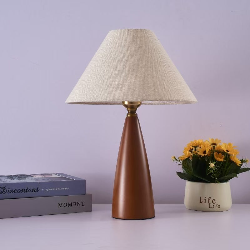Traditional Mid-Century Cone Solid Wood Fabric 1-Light Table Lamp For Bedroom