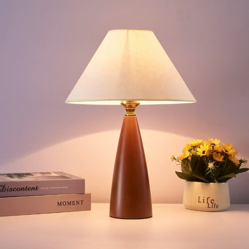 Traditional Mid-Century Cone Solid Wood Fabric 1-Light Table Lamp For Bedroom