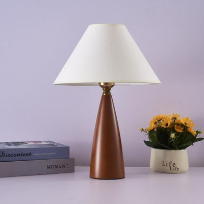 Traditional Mid-Century Cone Solid Wood Fabric 1-Light Table Lamp For Bedroom