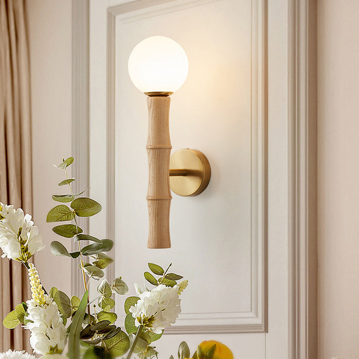 Traditional Japanese Spherical Ash Wood Iron Glass 1-Light Wall Sconce Lamp For Bedroom