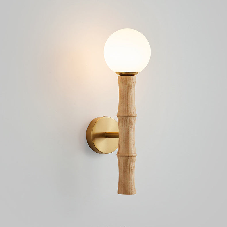 Traditional Japanese Spherical Ash Wood Iron Glass 1-Light Wall Sconce Lamp For Bedroom