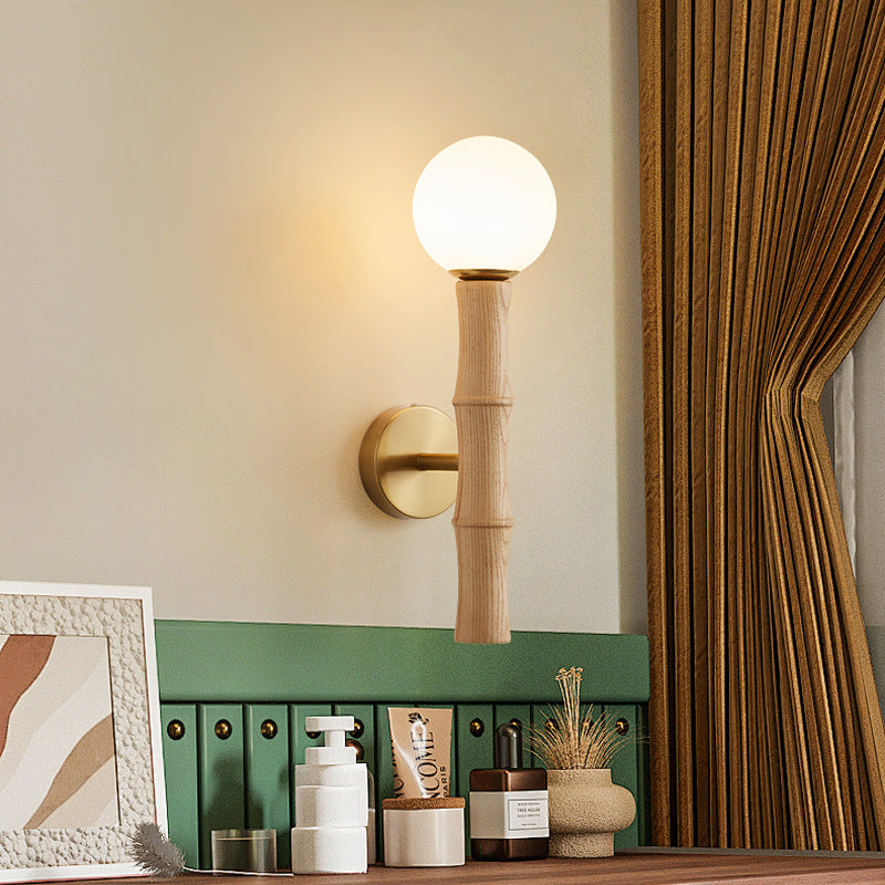 Traditional Japanese Spherical Ash Wood Iron Glass 1-Light Wall Sconce Lamp For Bedroom