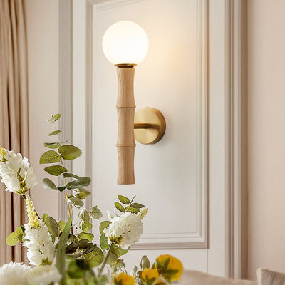 Traditional Japanese Spherical Ash Wood Iron Glass 1-Light Wall Sconce Lamp For Bedroom