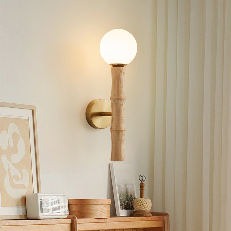 Traditional Japanese Spherical Ash Wood Iron Glass 1-Light Wall Sconce Lamp For Bedroom