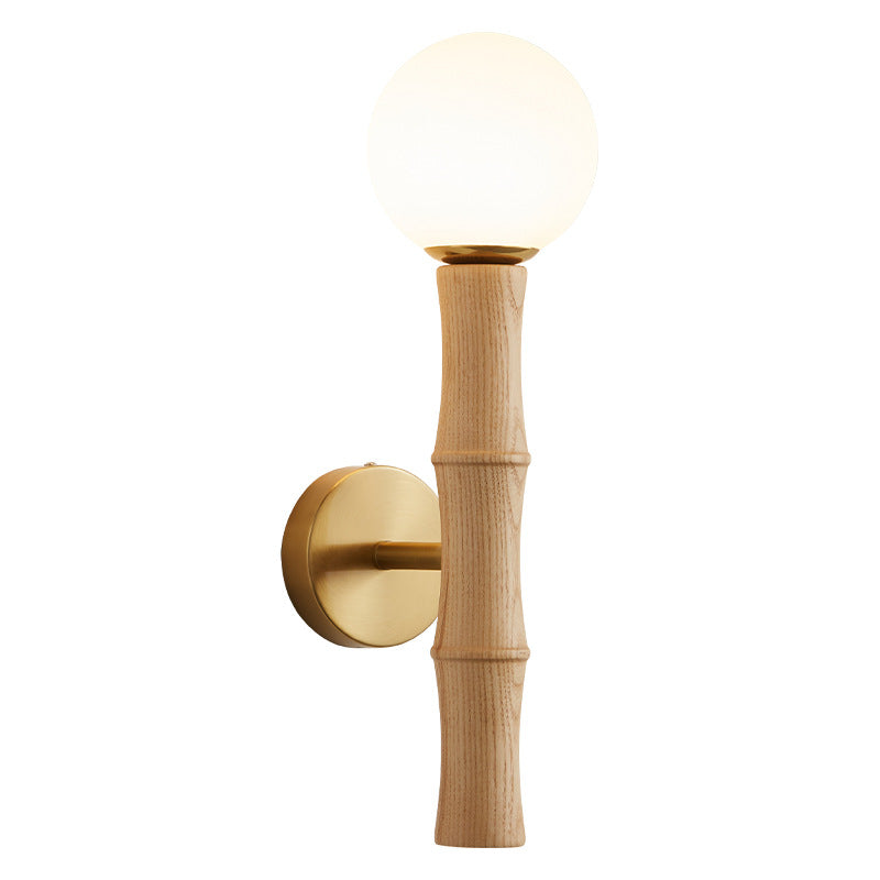Traditional Japanese Spherical Ash Wood Iron Glass 1-Light Wall Sconce Lamp For Bedroom