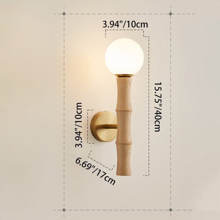 Traditional Japanese Spherical Ash Wood Iron Glass 1-Light Wall Sconce Lamp For Bedroom
